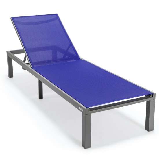 LeisureMod Marlin Patio Chaise Lounge Chair With Grey Aluminum Frame, Navy Blue