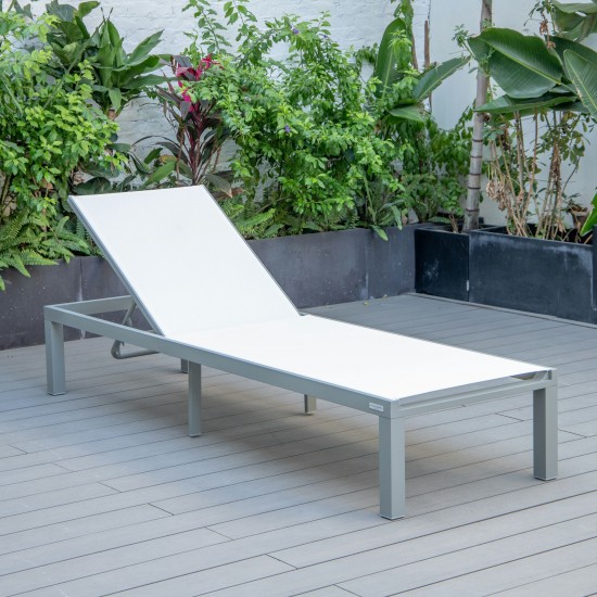 LeisureMod Marlin Patio Chaise Lounge Chair With Grey Aluminum Frame, White