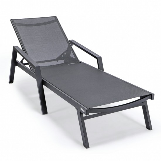 LeisureMod Marlin Patio Chaise Lounge Chair With Armrests in Black Frame, Black