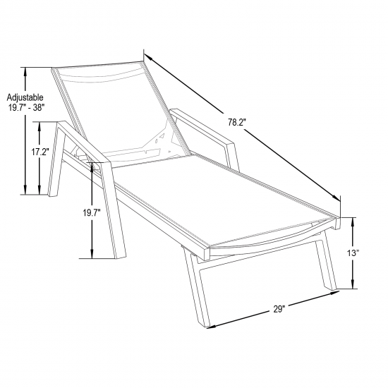 LeisureMod Marlin Patio Chaise Lounge Chair With Armrests in Black Frame, Black