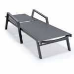 LeisureMod Marlin Patio Chaise Lounge Chair With Armrests in Black Frame, Black