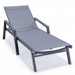 LeisureMod Marlin Patio Chaise Lounge Chair With Armrests in Black Frame, Grey