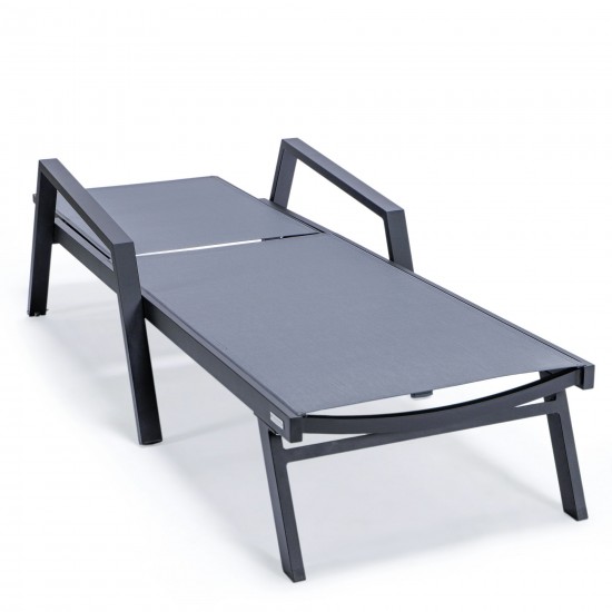 LeisureMod Marlin Patio Chaise Lounge Chair With Armrests in Black Frame, Grey