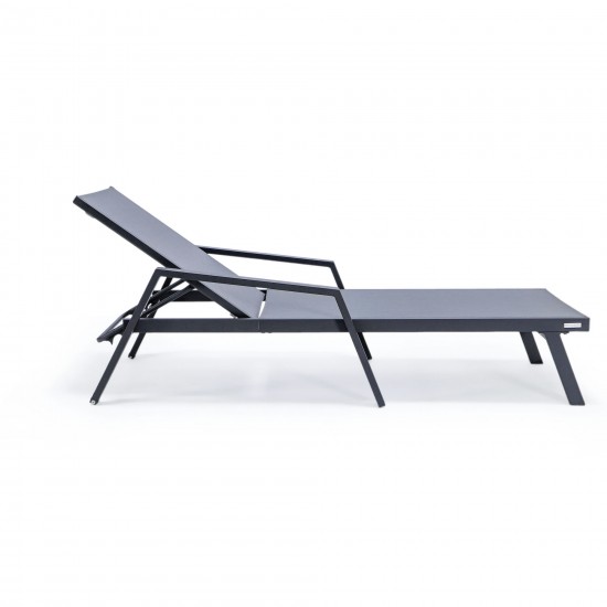 LeisureMod Marlin Patio Chaise Lounge Chair With Armrests in Black Frame, Grey