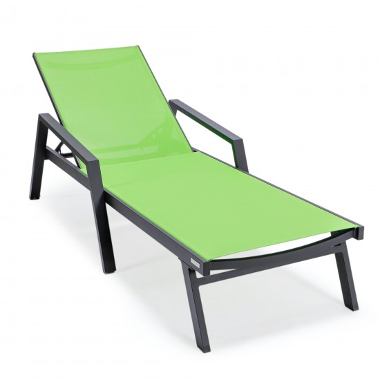 LeisureMod Marlin Patio Chaise Lounge Chair With Armrests in Black Frame, Green