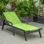 LeisureMod Marlin Patio Chaise Lounge Chair With Armrests in Black Frame, Green