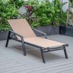 LeisureMod Marlin Patio Chaise Lounge Chair With Armrests in Black Frame, Brown