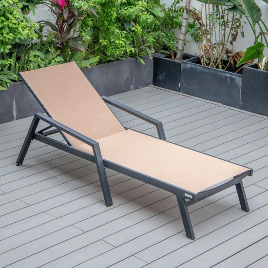 LeisureMod Marlin Patio Chaise Lounge Chair With Armrests in Black Frame, Brown