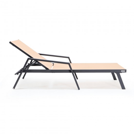 LeisureMod Marlin Patio Chaise Lounge Chair With Armrests in Black Frame, Brown