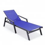 LeisureMod Marlin Patio Chaise Lounge Chair With Armrests in Black Frame, Blue