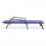 LeisureMod Marlin Patio Chaise Lounge Chair With Armrests in Black Frame, Blue