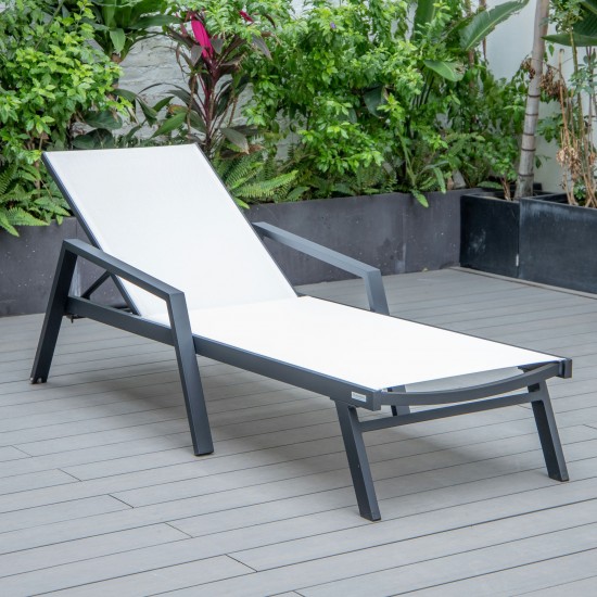 LeisureMod Marlin Patio Chaise Lounge Chair With Armrests in Black Frame, White