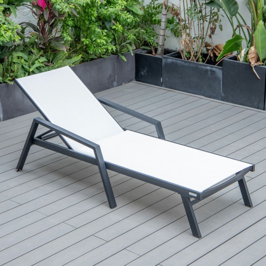 LeisureMod Marlin Patio Chaise Lounge Chair With Armrests in Black Frame, White