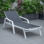 LeisureMod Marlin Patio Chaise Lounge Chair With Armrests in White Frame, Black