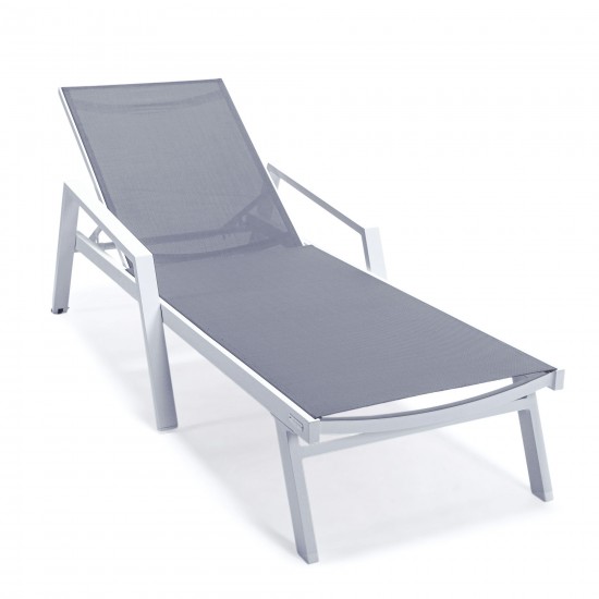 LeisureMod Marlin Patio Chaise Lounge Chair With Armrests in White Frame, Grey