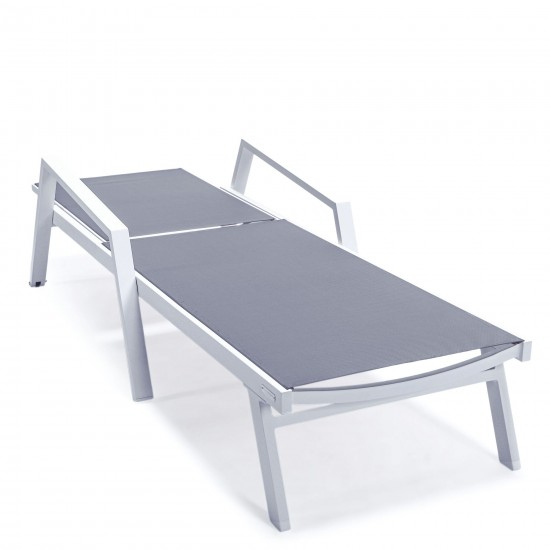 LeisureMod Marlin Patio Chaise Lounge Chair With Armrests in White Frame, Grey