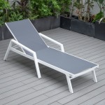 LeisureMod Marlin Patio Chaise Lounge Chair With Armrests in White Frame, Grey