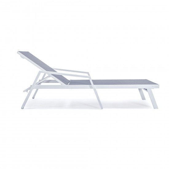 LeisureMod Marlin Patio Chaise Lounge Chair With Armrests in White Frame, Grey