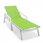 LeisureMod Marlin Patio Chaise Lounge Chair With Armrests in White Frame, Green