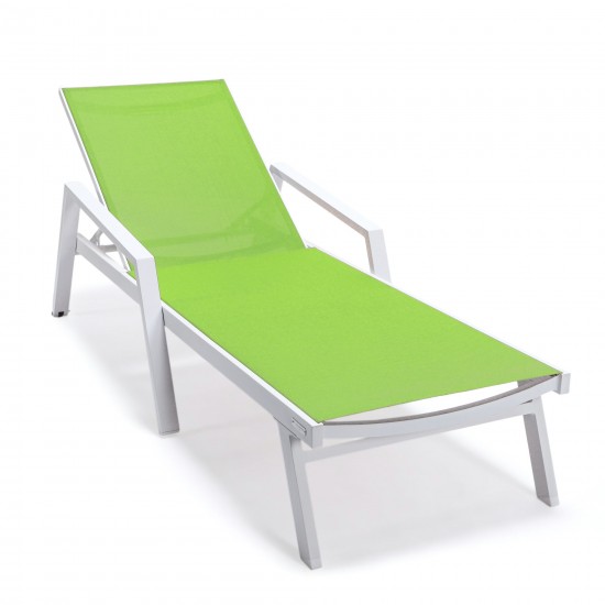 LeisureMod Marlin Patio Chaise Lounge Chair With Armrests in White Frame, Green