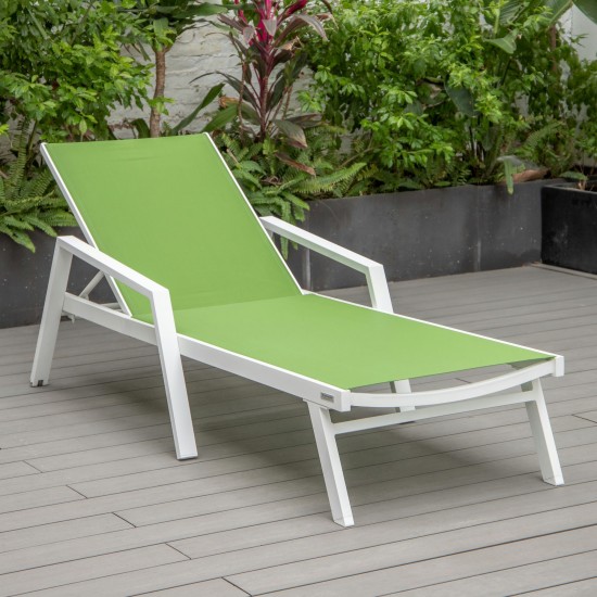 LeisureMod Marlin Patio Chaise Lounge Chair With Armrests in White Frame, Green