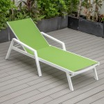 LeisureMod Marlin Patio Chaise Lounge Chair With Armrests in White Frame, Green