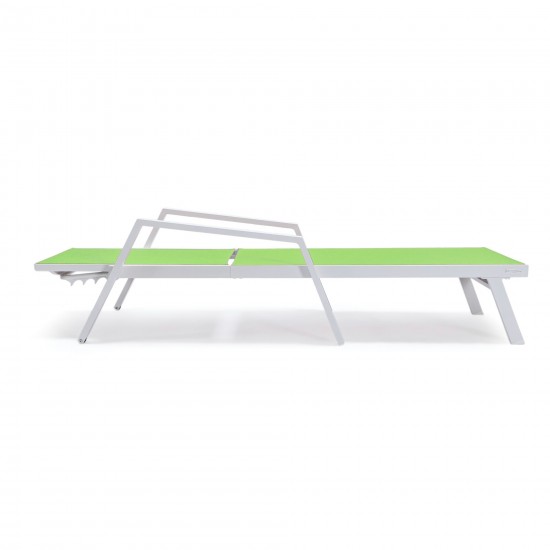 LeisureMod Marlin Patio Chaise Lounge Chair With Armrests in White Frame, Green