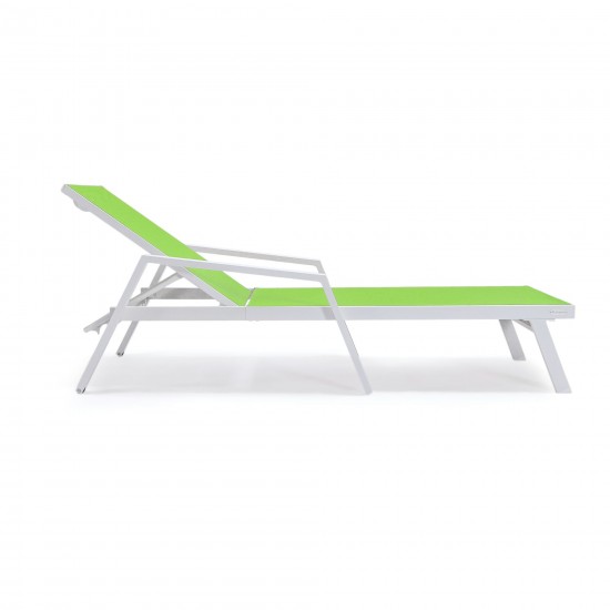 LeisureMod Marlin Patio Chaise Lounge Chair With Armrests in White Frame, Green