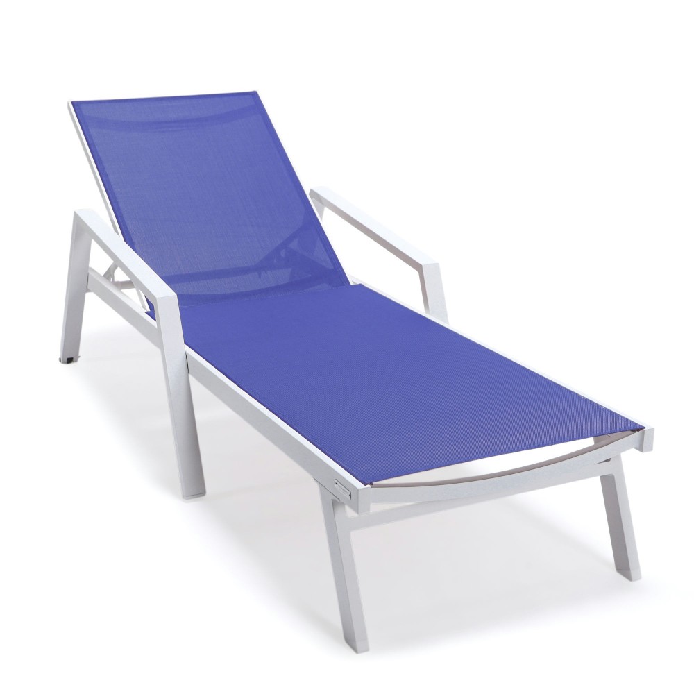 LeisureMod Marlin Patio Chaise Lounge Chair With Armrests in White Frame, Blue