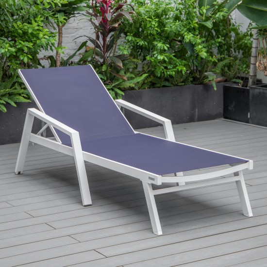 LeisureMod Marlin Patio Chaise Lounge Chair With Armrests in White Frame, Blue