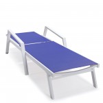 LeisureMod Marlin Patio Chaise Lounge Chair With Armrests in White Frame, Blue