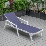 LeisureMod Marlin Patio Chaise Lounge Chair With Armrests in White Frame, Blue