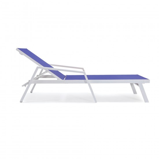 LeisureMod Marlin Patio Chaise Lounge Chair With Armrests in White Frame, Blue