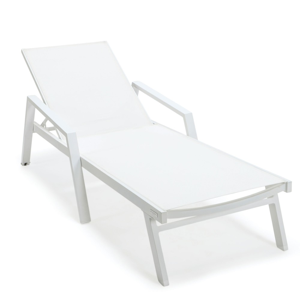 LeisureMod Marlin Patio Chaise Lounge Chair With Armrests in White Frame, White