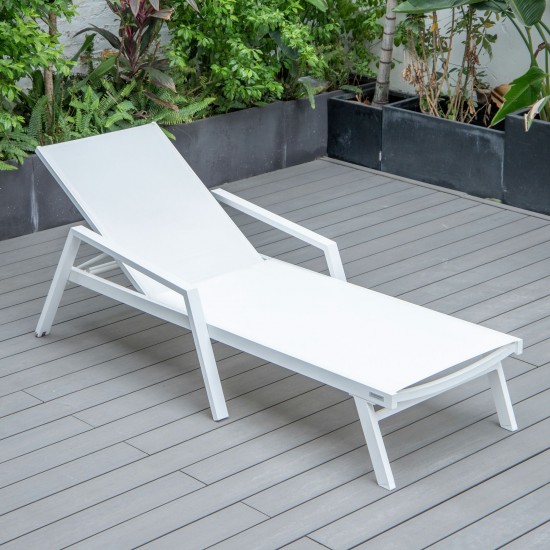 LeisureMod Marlin Patio Chaise Lounge Chair With Armrests in White Frame, White