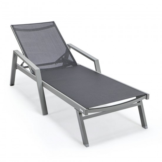 LeisureMod Marlin Patio Chaise Lounge Chair With Armrests in Grey Frame, Black