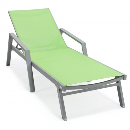 LeisureMod Marlin Patio Chaise Lounge Chair With Armrests in Grey Frame, Green