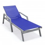 LeisureMod Marlin Patio Chaise Lounge Chair With Armrests in Grey Frame, Blue