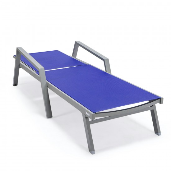 LeisureMod Marlin Patio Chaise Lounge Chair With Armrests in Grey Frame, Blue