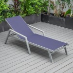 LeisureMod Marlin Patio Chaise Lounge Chair With Armrests in Grey Frame, Blue