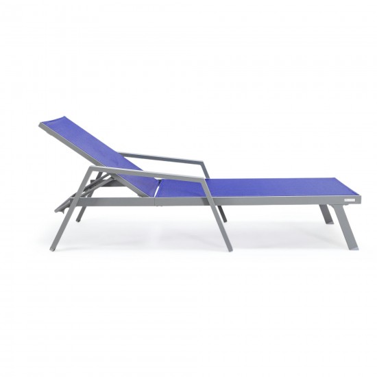 LeisureMod Marlin Patio Chaise Lounge Chair With Armrests in Grey Frame, Blue