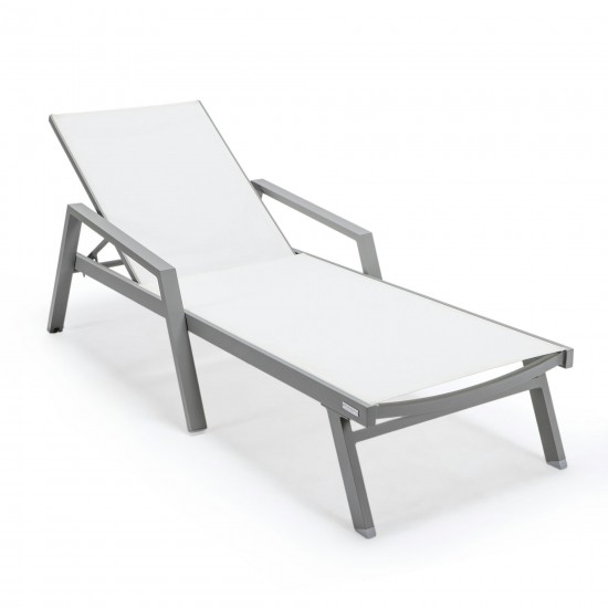 LeisureMod Marlin Patio Chaise Lounge Chair With Armrests in Grey Frame, White