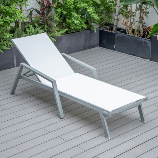 LeisureMod Marlin Patio Chaise Lounge Chair With Armrests in Grey Frame, White