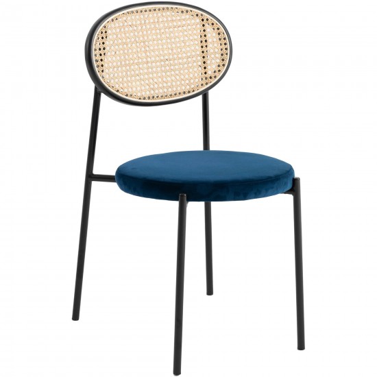 LeisureMod Euston Modern Wicker Dining Chair with Velvet Round Seat, Navy Blue