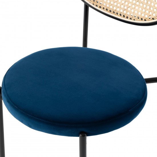 LeisureMod Euston Modern Wicker Dining Chair with Velvet Round Seat, Navy Blue