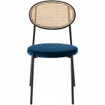 LeisureMod Euston Modern Wicker Dining Chair with Velvet Round Seat, Navy Blue