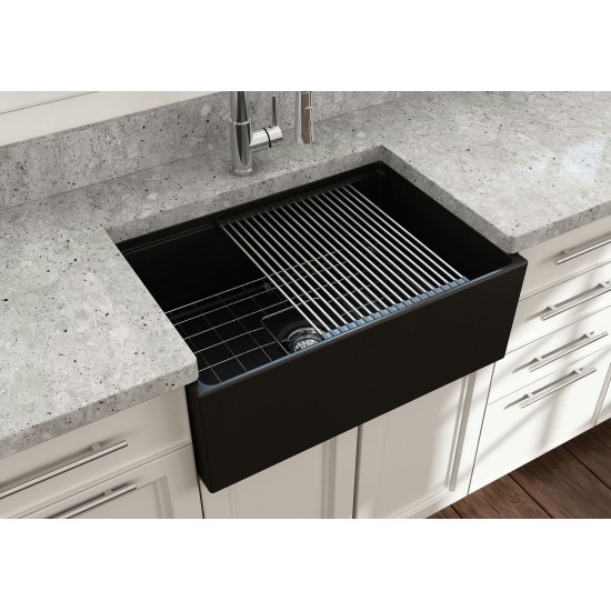 Contempo Step-Rim Apron Front Fireclay 27 in. Single Kitchen Sink in Matte Black