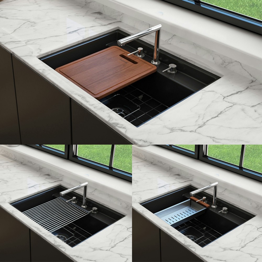 Baveno Uno Dual-Mount with Integrated Workstation Fireclay 27 in. in Matte Black