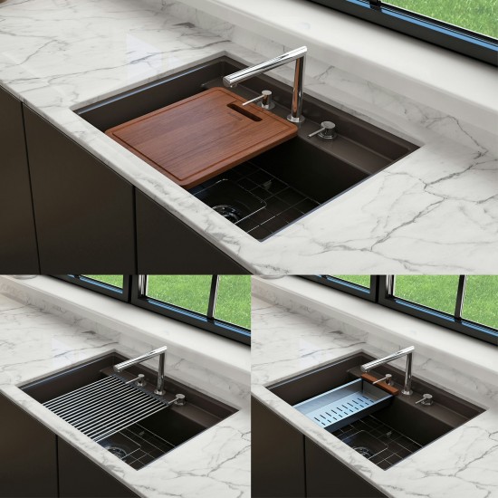 Baveno Uno Dual-Mount with Integrated Workstation Fireclay 27 in. in Matte Brown