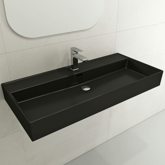 Milano Wall-Mounted Sink Fireclay 39.75 in. 1-Hole with Overflow in Matte Black